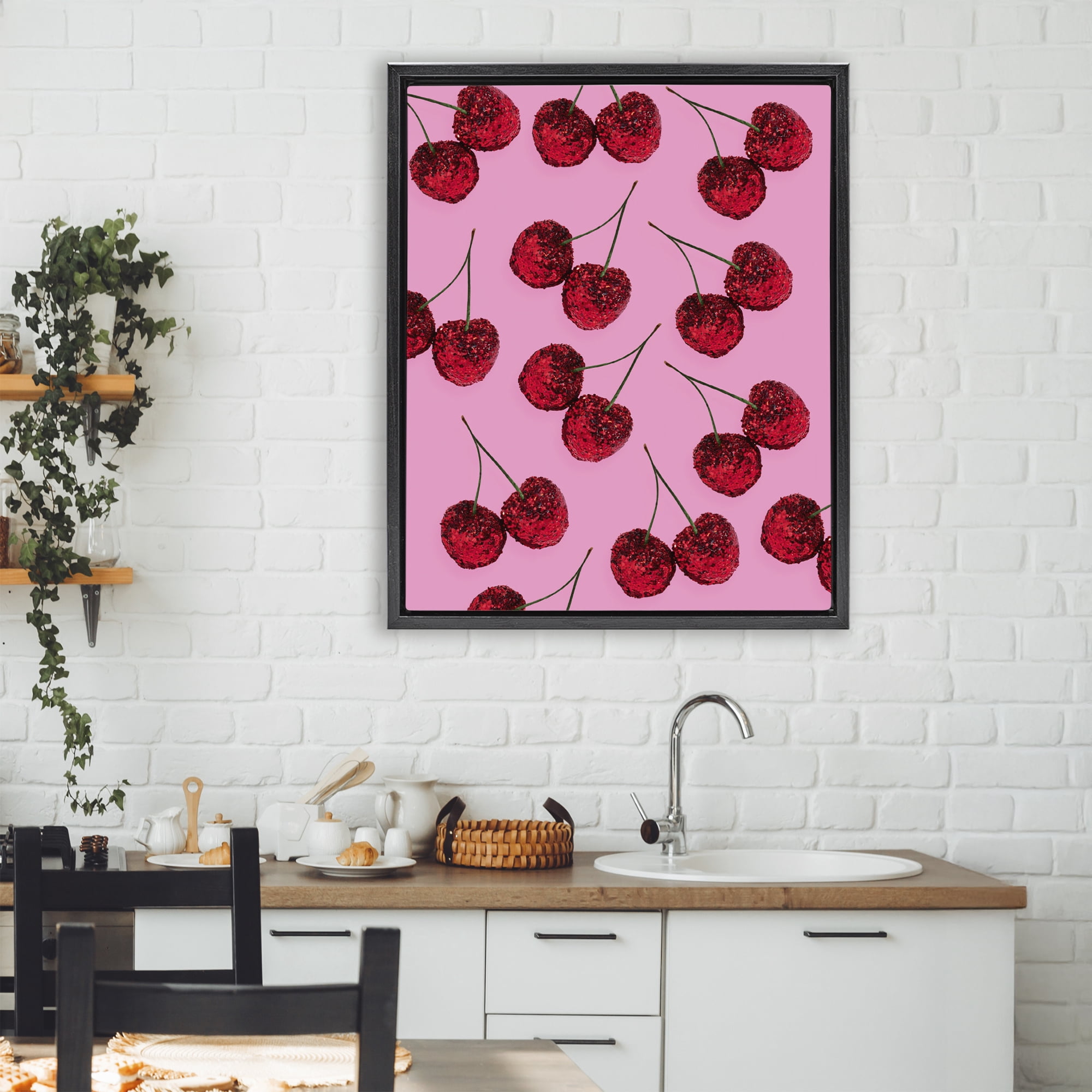 Stupell Industries Glitter Glam Cherries Pattern Black Framed Floater Canvas Wall Art, design by LISH Creative