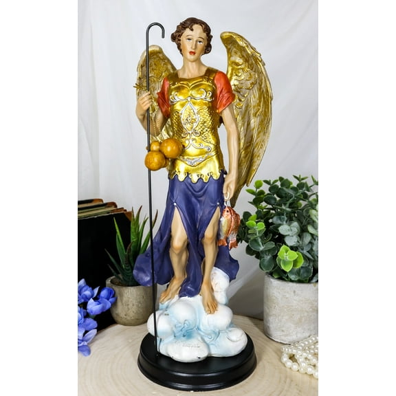 Large Catholic Church Archangel Raphael With Staff And Healing Oil Statue 14"H