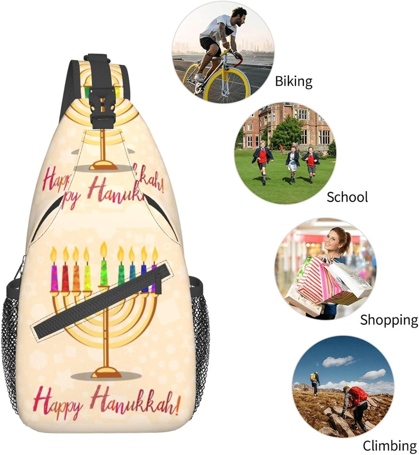 Happy Hanukkah Jewish Chanukah Holiday Sling Bag Crossbody Hiking Travel Chest Bags Backpack Shoulder Daypack for Women Men