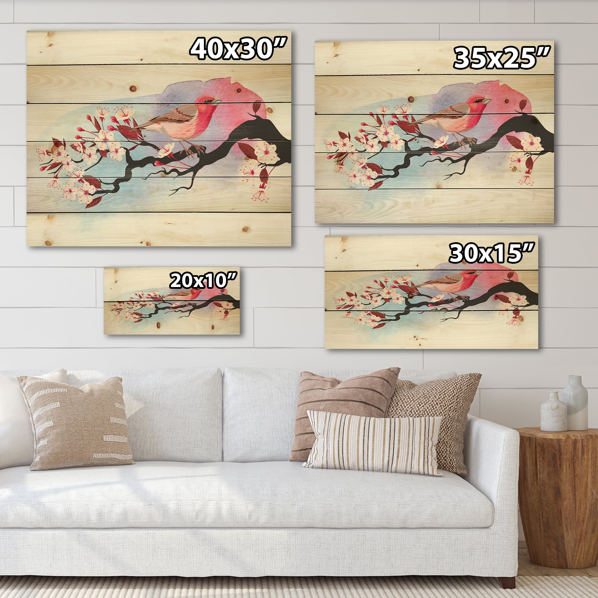 Designart 'Pink Bird Sitting On Cherry Branch' Traditional Print on Natural Pine Wood