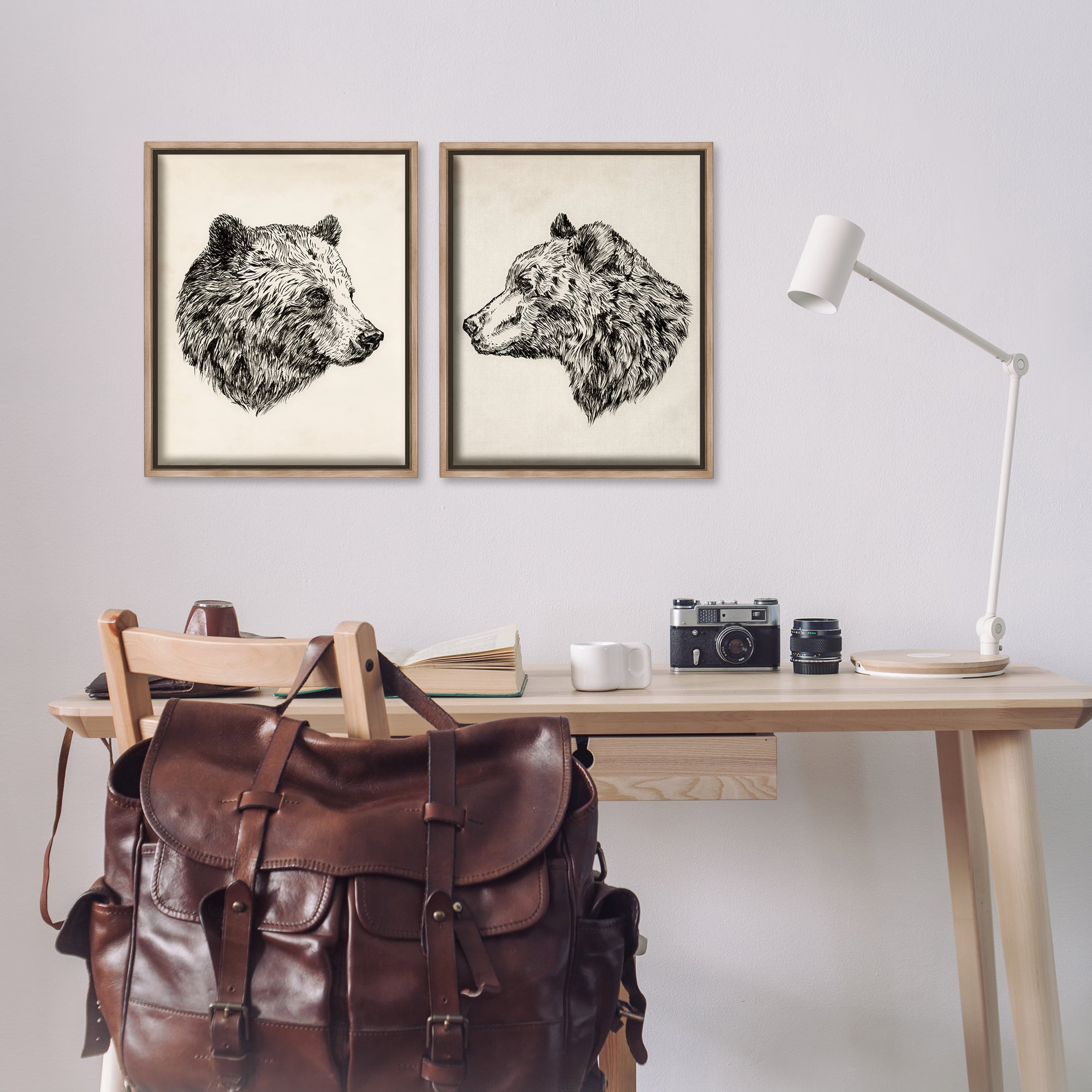 Stupell Industries Portrait Brown Bear Animal Animals Drawing Brown Floater Framed Canvas Art Print Wall Art, 17 x 21, Set of 2