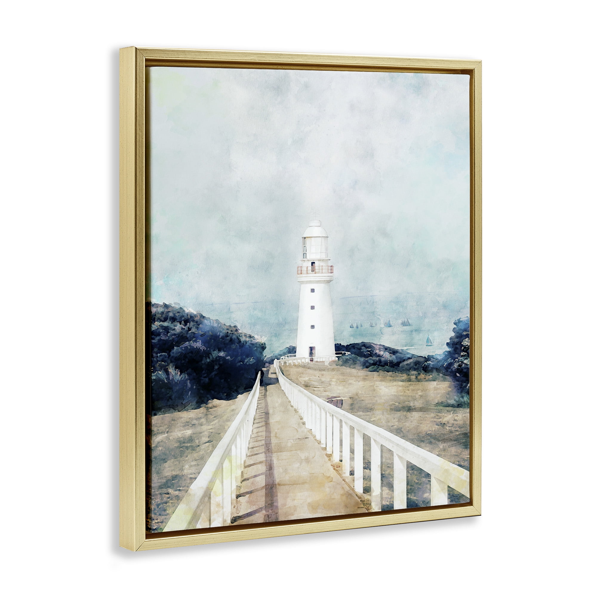 Stupell Industries White Lighthouse & Rustic Boardwalk Nature Painting Gold Floater Framed Canvas Art Print Wall Art, 25 x 31