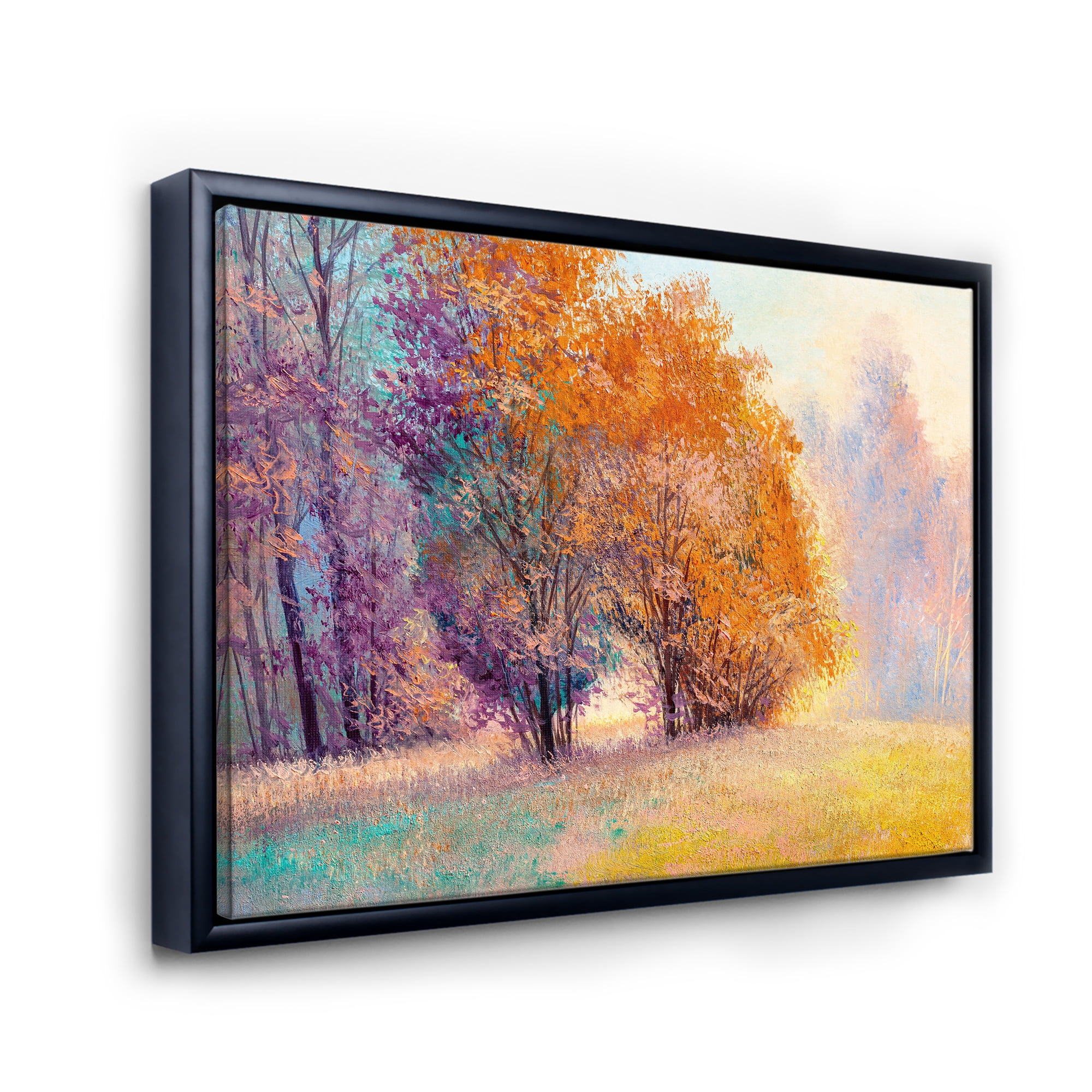 Designart 'Autumn Forest Orange Leaves Landscape' Lake House Framed Canvas Wall Art Print