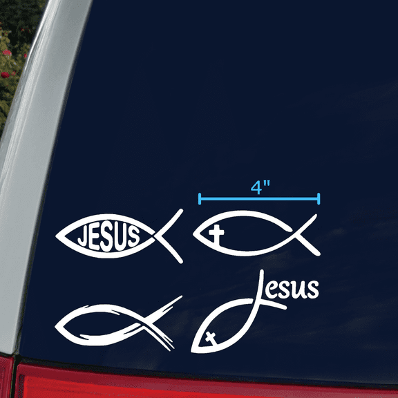 Jesus Fish Decals 4 Pack: Jesus Fish, Fish Cross, Tribal Ichthys, Christian Fish Decals