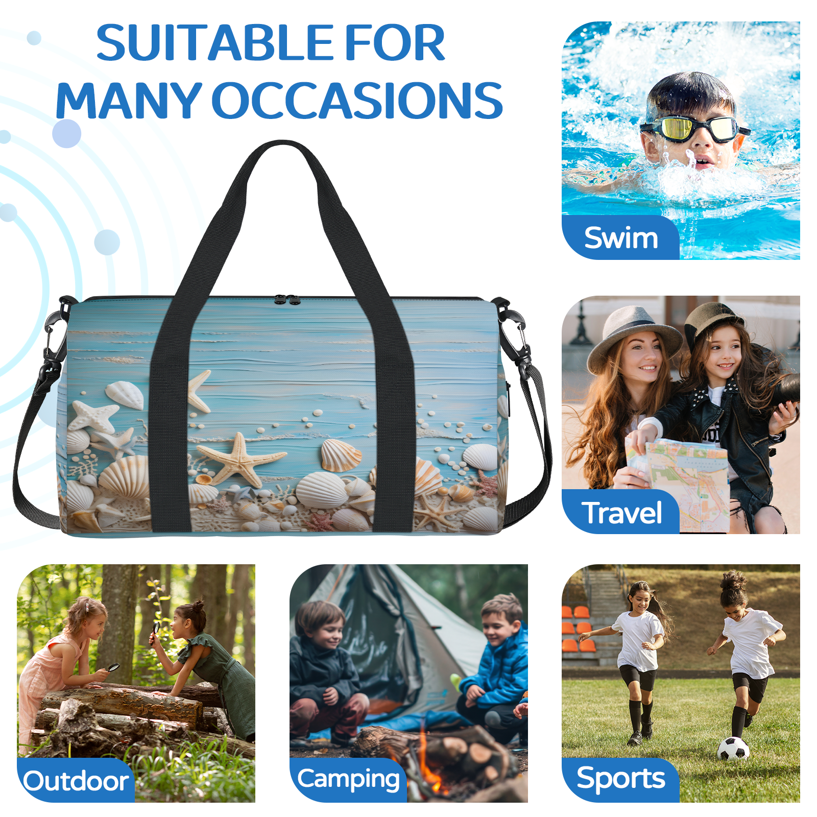 Herdesigns Starfish and Seashells Blue Gym Bag for Women, Duffle Bag for Travel Sport, Beach Coastal Nautical Lightweight Waterproof Carry on Weekender Dance Yoga Workout Bags