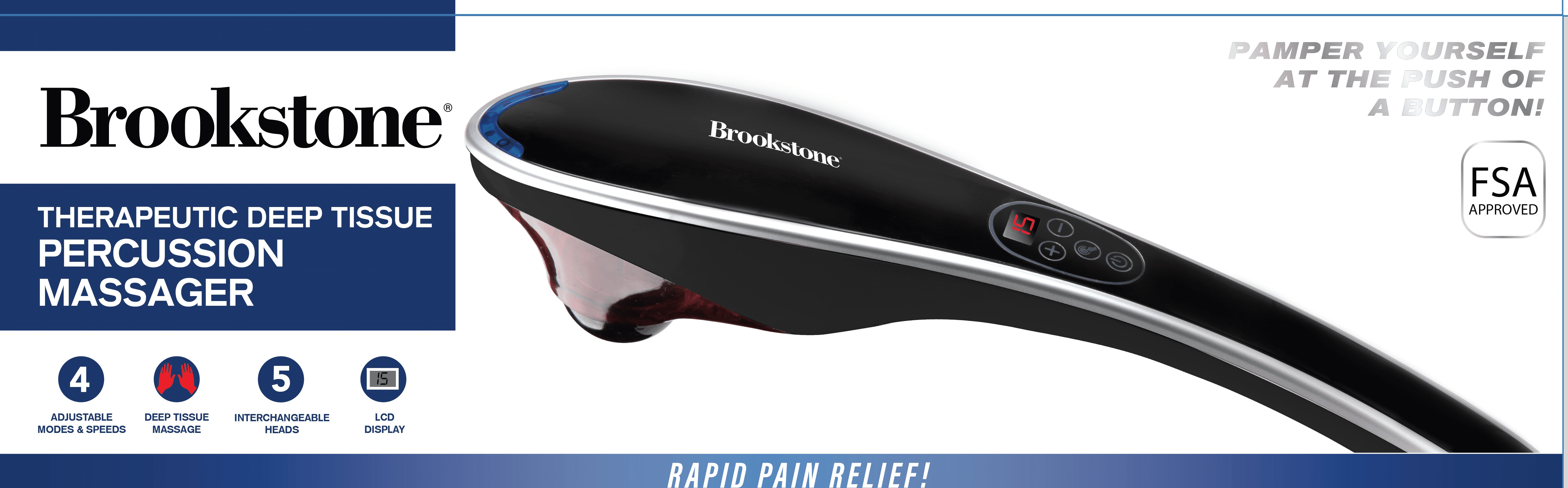 Brookstone Handheld Percussion Body Massager, 4 Vibration Modes, 5 Interchangeable Heads, Black