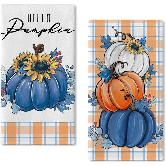 Fall Hello Pumpkin Kitchen Dish Towels Set of 2, Autumn Orange Plaid Check Hand Towels Sunflower Drying Baking Cooking Cloth, Thanksgiving Farmhouse Rustic Home Kitchen Decor 18 x 26 Inch
