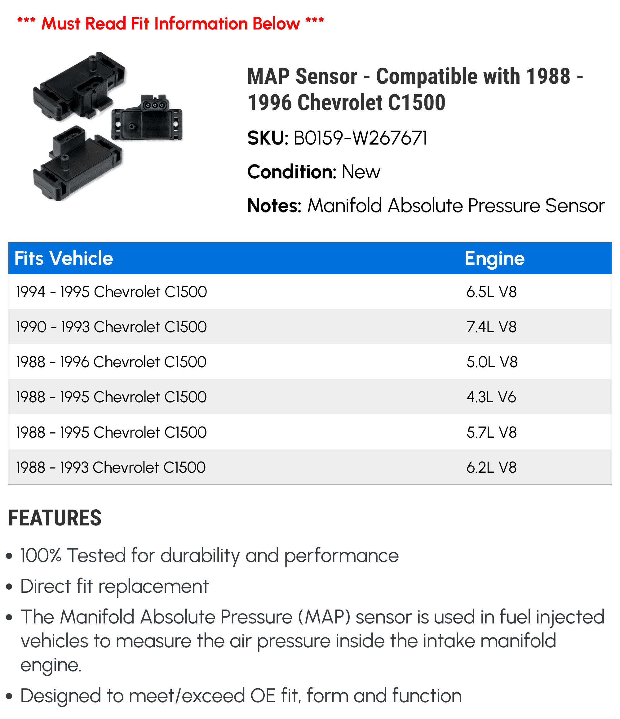 MAP Sensor - Compatible with 1988 - 1996 Chevy C1500 1989 1990 1991 1992 1993 1994 1995