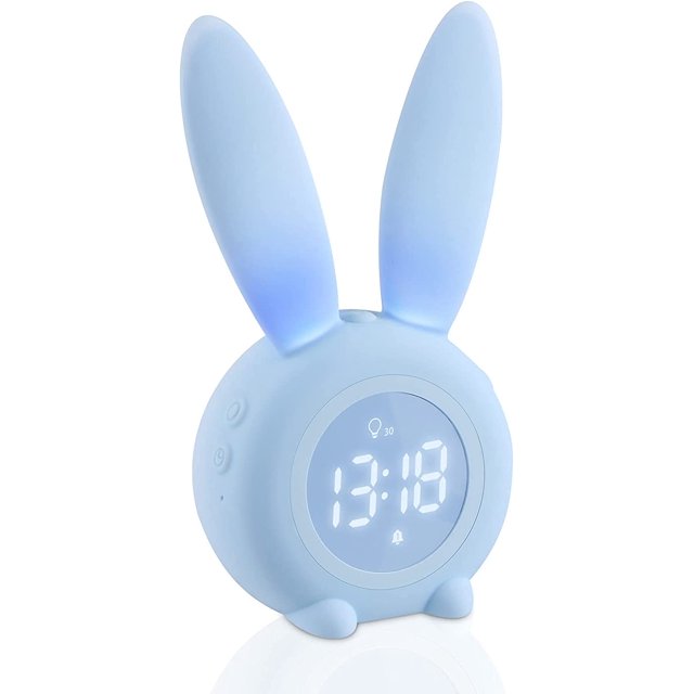 Despertador infantil, despertador luminoso para niños, bonito despertador de conejo, lámpara de noche con función de repetición, visualización automática de hora/fecha/temperatura, luz nocturna, rega TUNC Sencillez