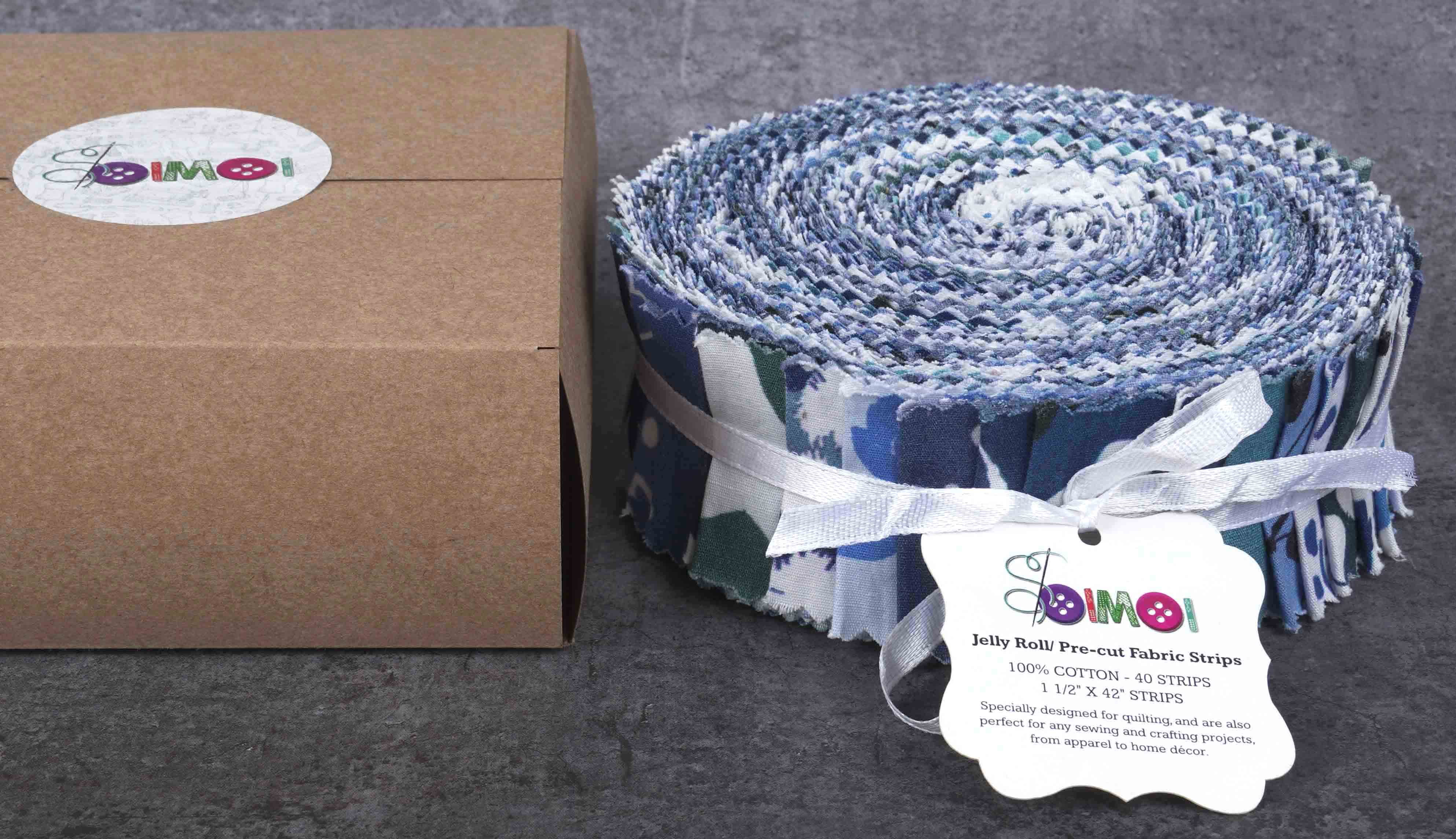 Soimoi 40Pcs Floral Artistic Print Precut Fabrics Strips Roll Up 1.5x42inches Cotton Jelly Rolls For Quilting - Blue