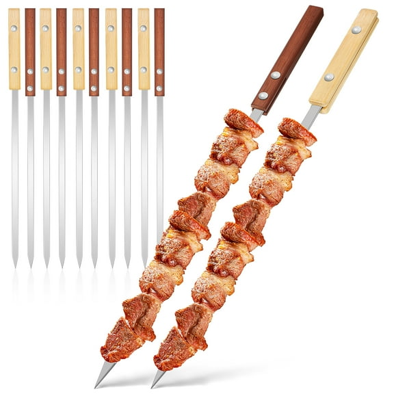 12 Pcs Stainless Steel Turkish Kebab Skewers with Wooden Handles for BBQ Grilling and Outdoor Cooking