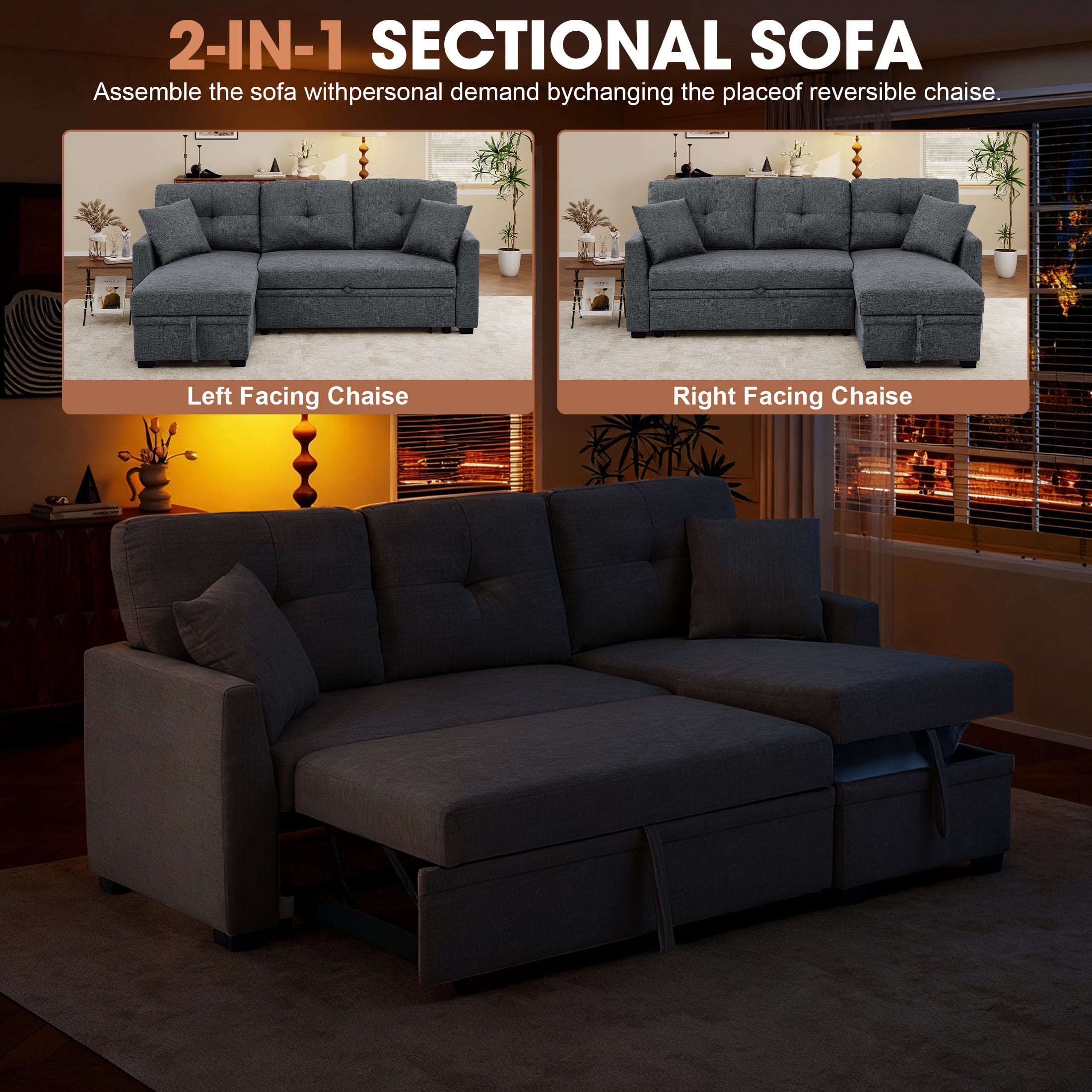 Aukfa Pull-Out Sleeper Sofa Bed with Storage Chaise, Reversible Loveseat for Living Room, Linen, Dark Gray