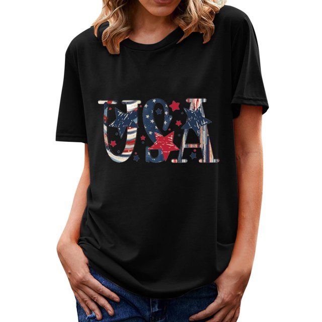 Tops de verano para mujer Día de la independencia Estampado de vacaciones Manga corta Cuello redondo Casual Loose Fit Graphic Tees Pompotops hkajfhjk469086