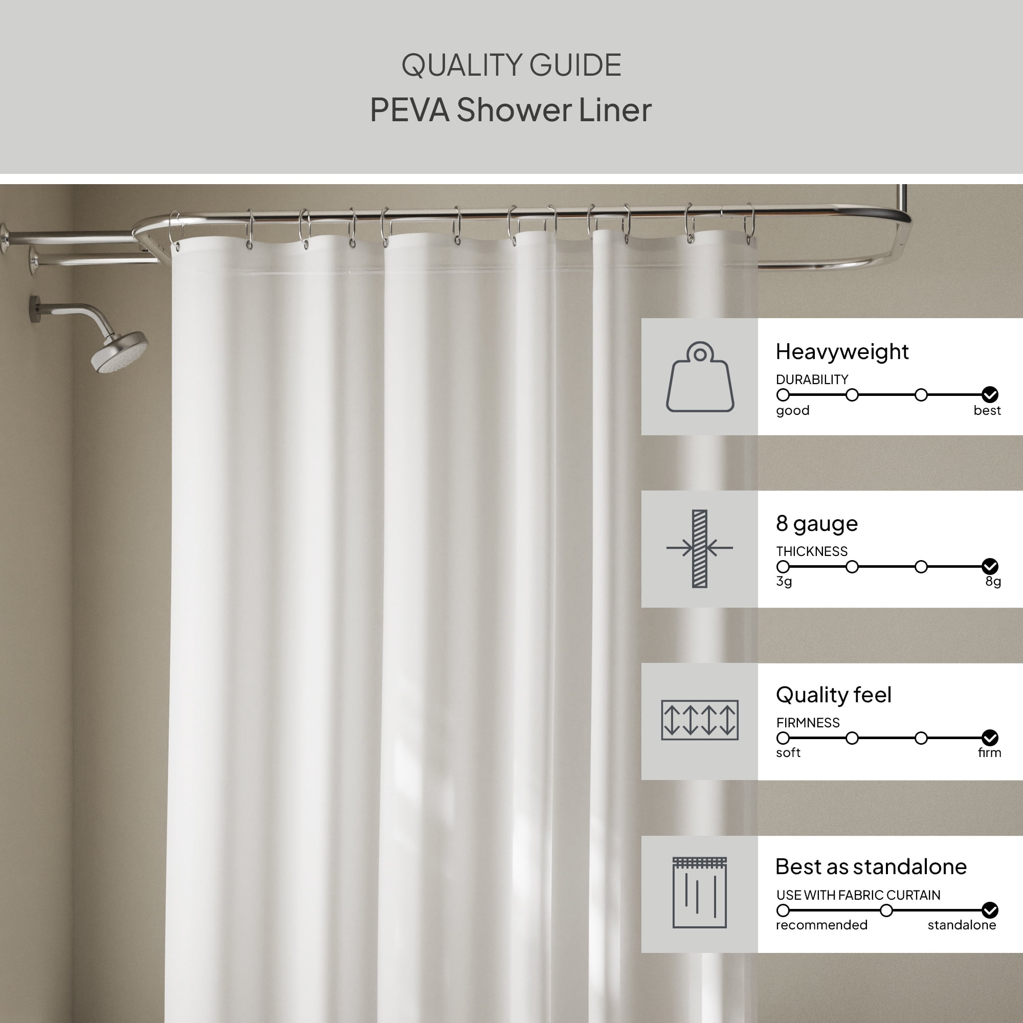Better Homes & Gardens Extra Long Heavyweight PEVA Shower Liner, 70" W x 78" H, Frosty