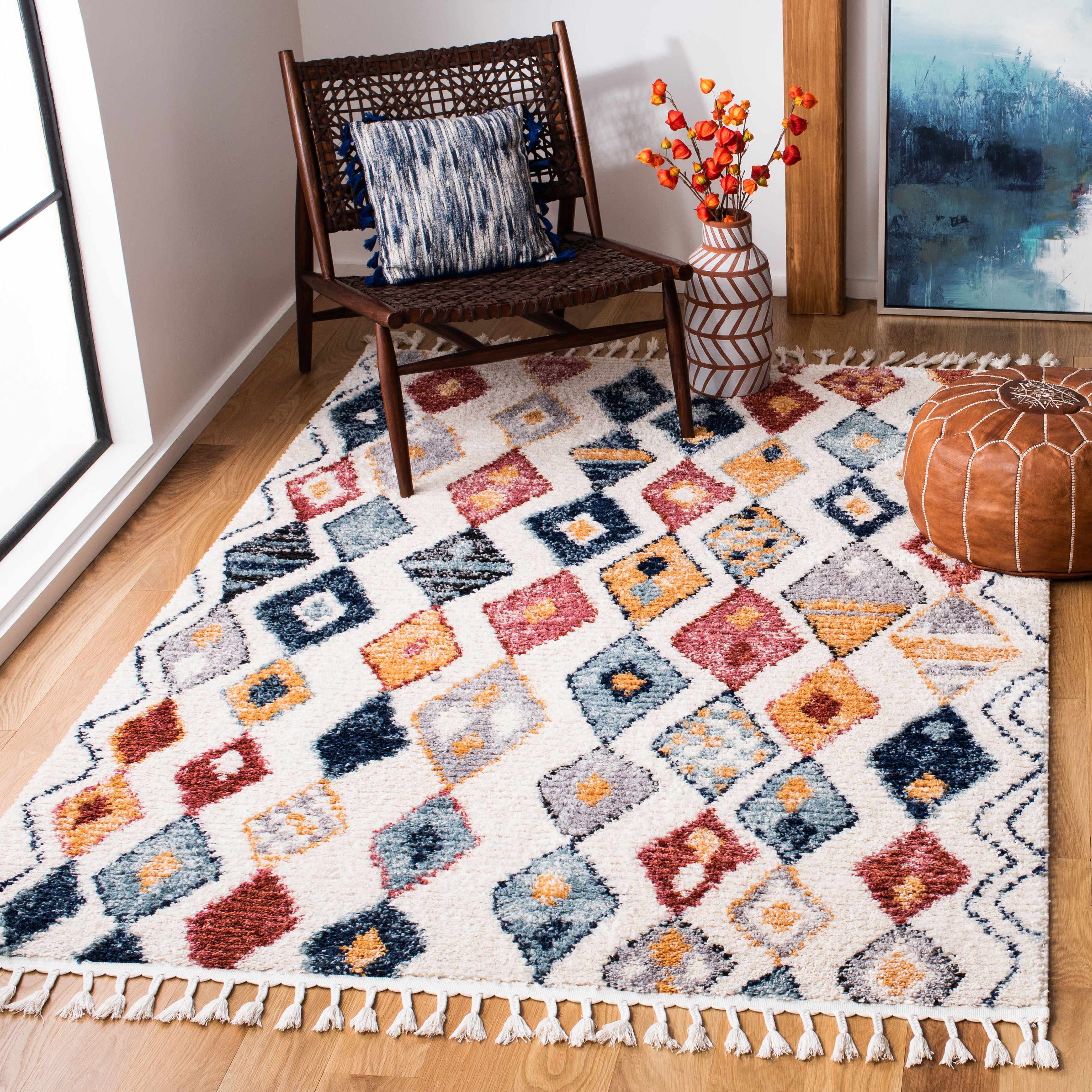 SAFAVIEH Morocco Mattese Geometric Polyester Area Rug, Ivory/Multi, 2'6" x 4'
