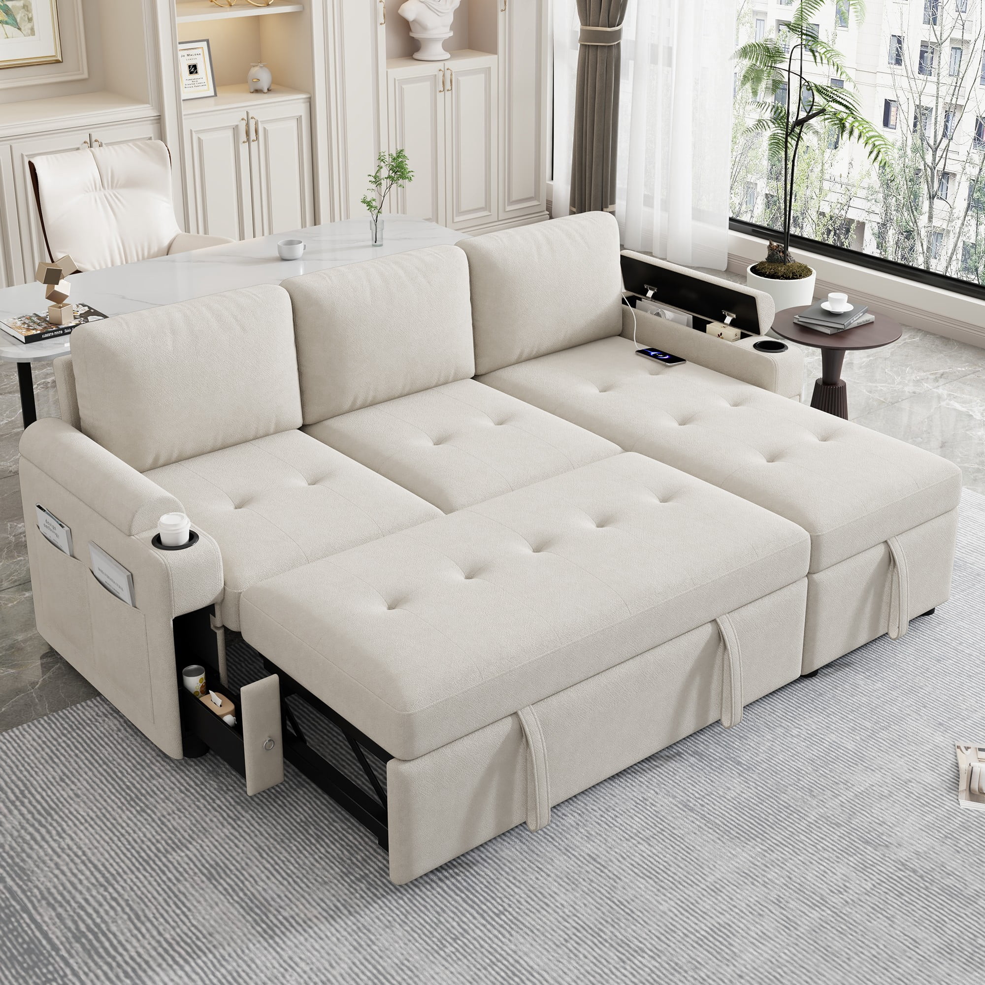 83.5" L-shaped Sofa Couch Convertible Sofa Bed Sectional Sofa Pull Out Bed with Two Cup Holders and Two USB Ports for Living Room,Beige