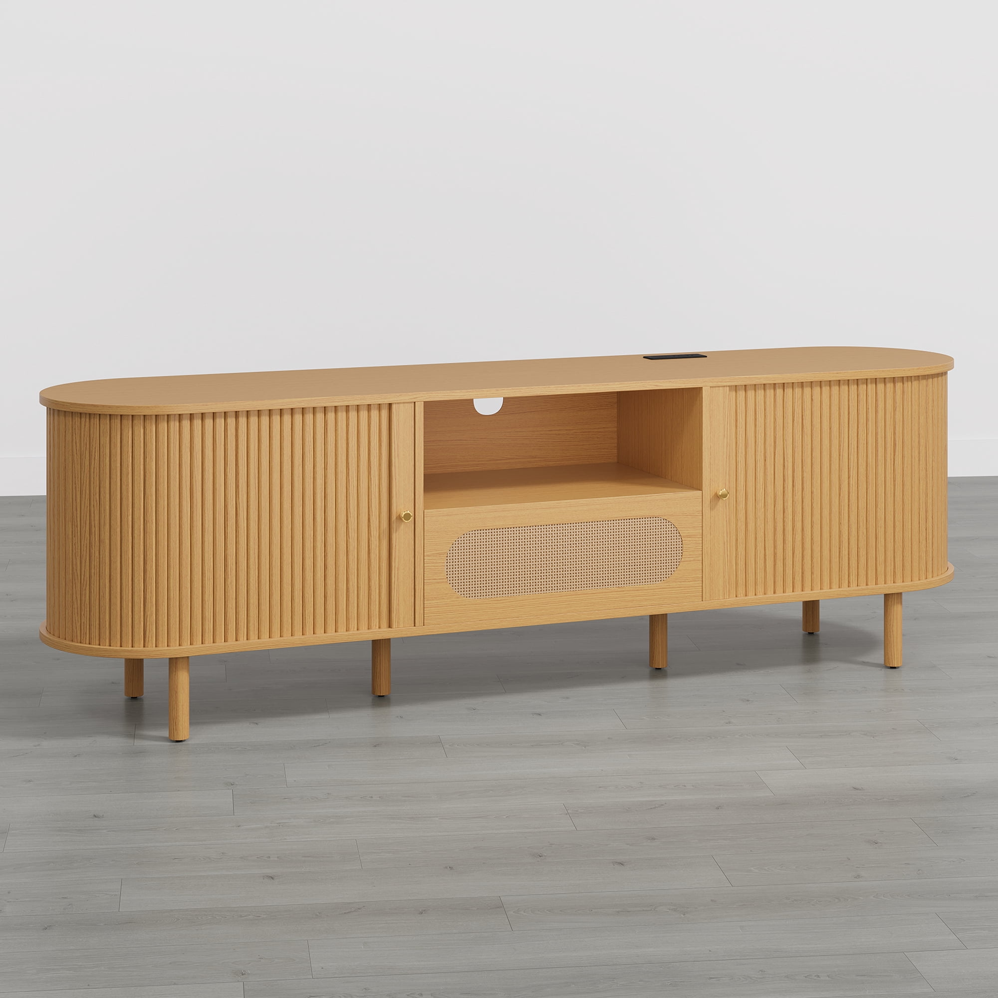 Spruce & Spring Tambour TV Stand with Power Outlet, Mid-Century Modern Entertainment Center, Rattan Drawer & Fluted Sliding Doors, Solid Wood Legs & Cable Management, Oak, for TVs up to 80 Inch