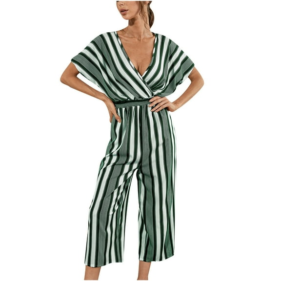 Ichuanyi Womens Jumpsuits, Women Casual Stylish Short Sleeve V-neck Stripe Printing Jumpsuit Pants
