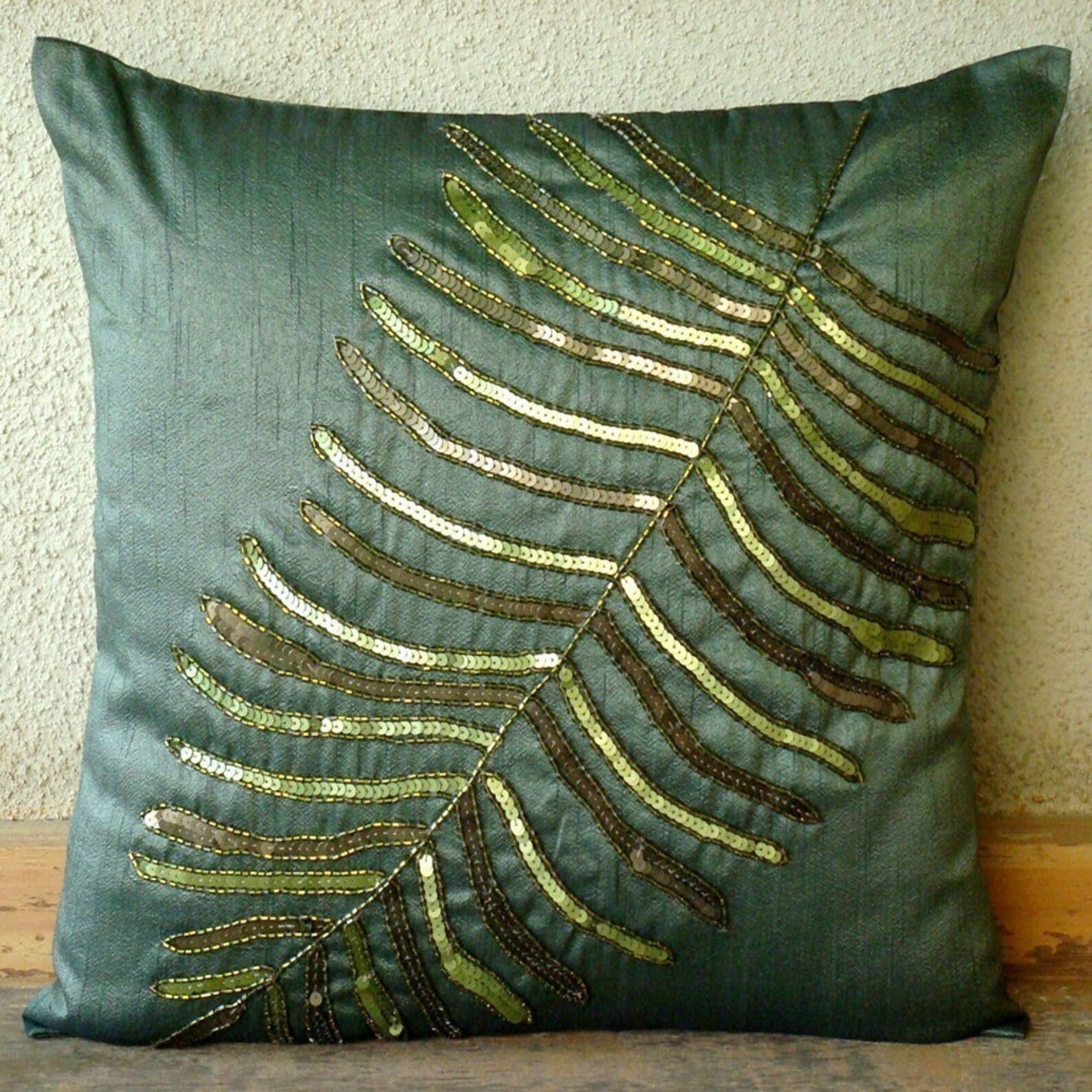 Pillow Covers, Dark Green Pillows Cover, Leaf Sequins & Beaded Pillows Cover, Throw Pillow Covers 18x18 inch (45x45 cm), Square Silk Pillows Covers, Floral, Tropical - Floating Leaf