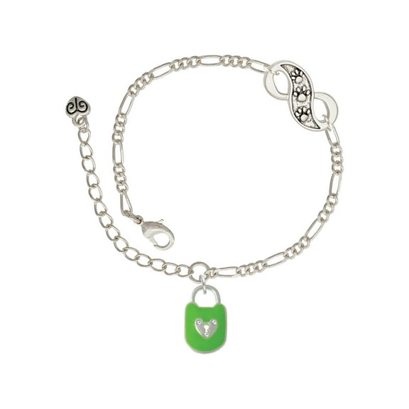 Delight Jewelry Lime Green Enamel Lock with Clear Crystals Silver-tone Paw Infinity Link Chain Bracelet, 6" 2" Extender
