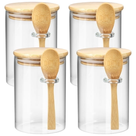 Hvxrjkn 4 Pzas Frascos de Vidrio con Tapas de Bambú y Cucharas Frascos de Almacenamiento de Vidrio Transparente 600ML Contenedores de Almacenamiento de Alimentos Multipropósito para Café Cereal Espec