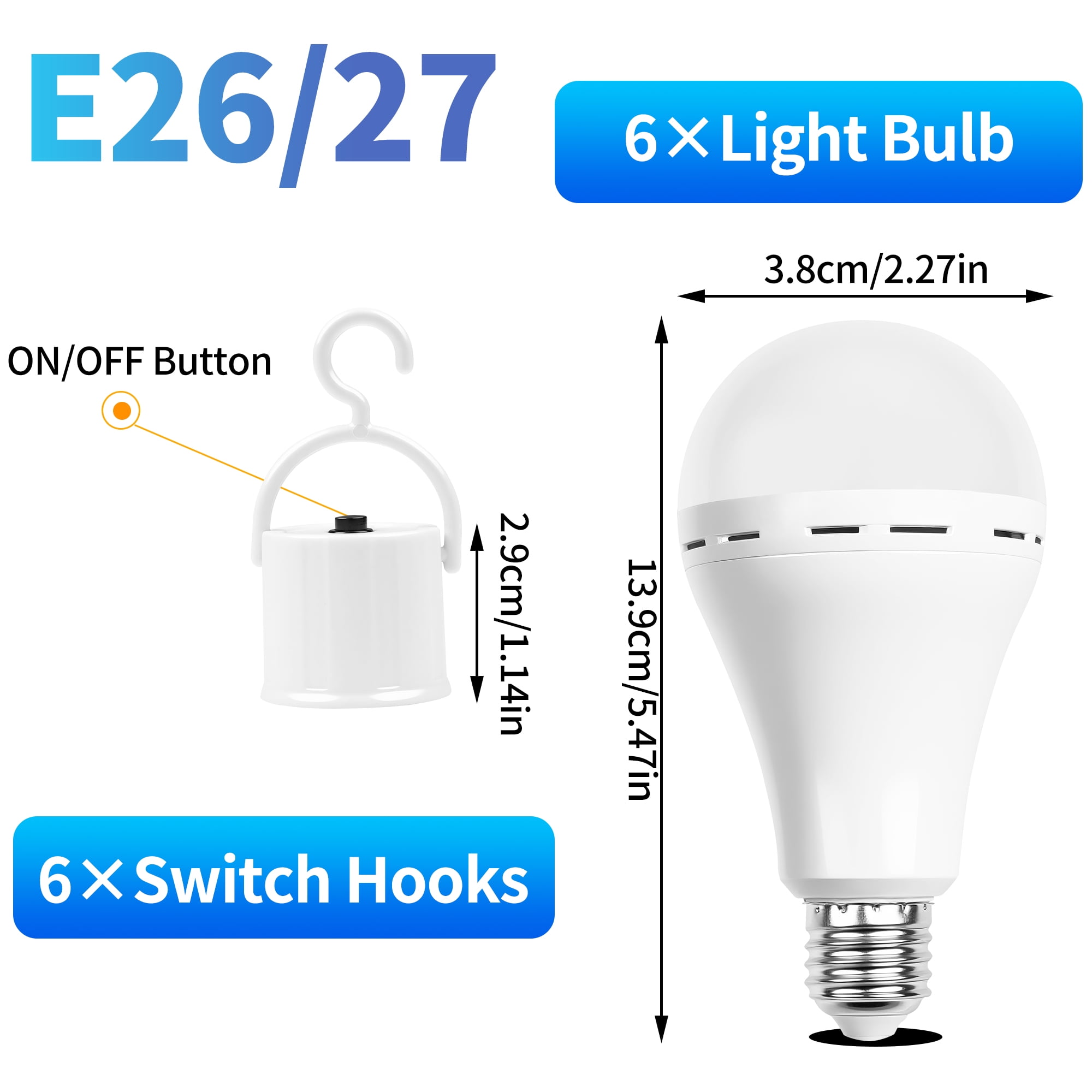 Rechargeable Emergency Light Bulbs, Battery Powered LED Light Bulb 6500K Daylight E26 12W 70W Equivalent with 1200mAh for Home Power Outage Camping Hurricane, 6 Pack