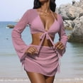 thumbnail image 2 of Women 4 Piece Swimsuit Set Crochet up Long Sleeve Tie Front Crop Top Mini Skirt Set Bathing Suit Swimwear Coverups (M, Pink), 2 of 3