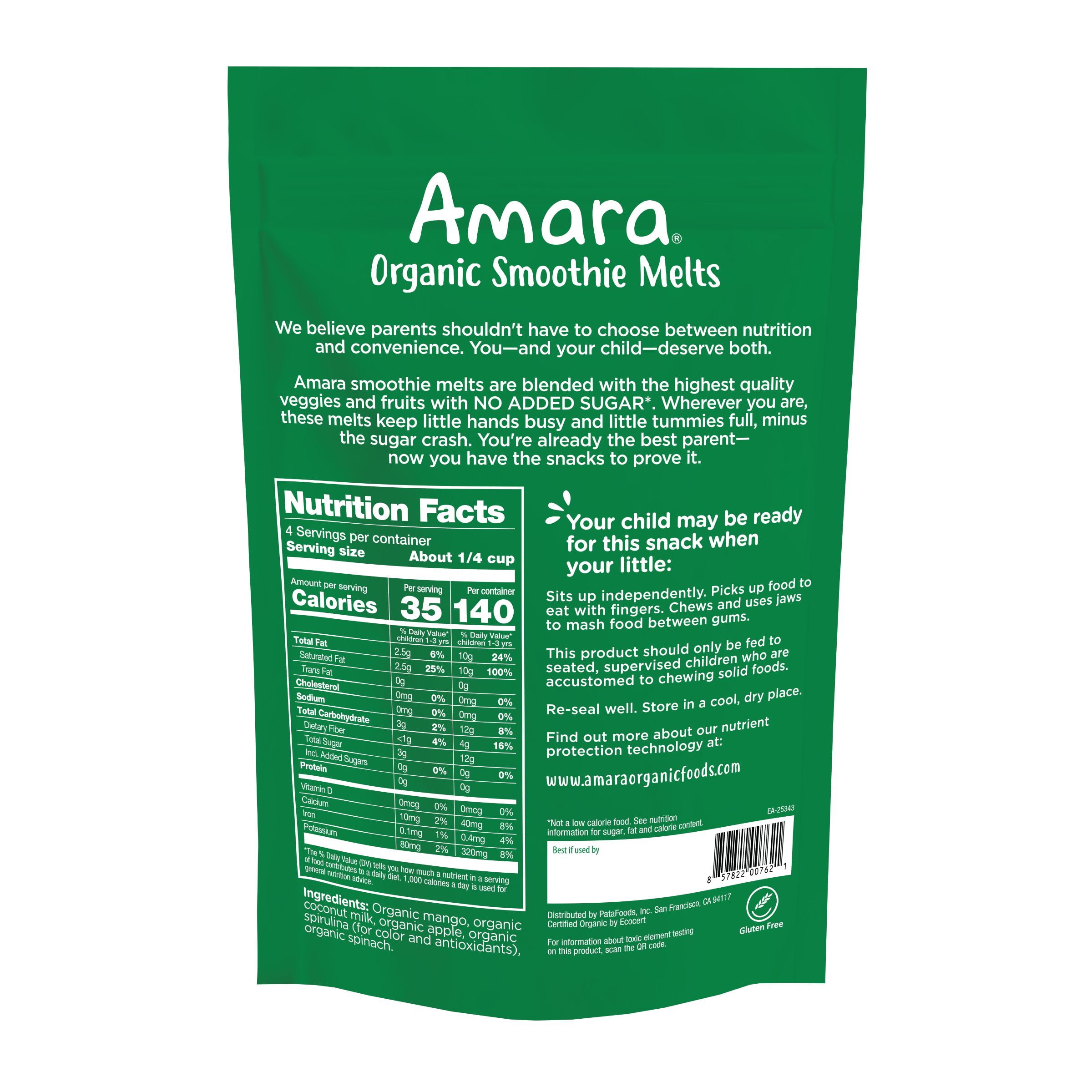 Amara Organic Smoothie Melts, Mighty Sweet Greens, Baby & Toddler Snacks, No Added Sugar, Stage 2, 1 oz Bag