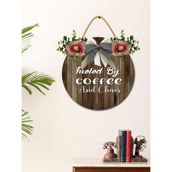 Eveokoki Coffee And Chaos Sign Rustic Wood Coffee Sign Farmhouse Coffee Bar Wall Decor Wood Plaque Hanging Sign for Home Housewarming Coffee Bar Coffee Station, 12x12 Inch