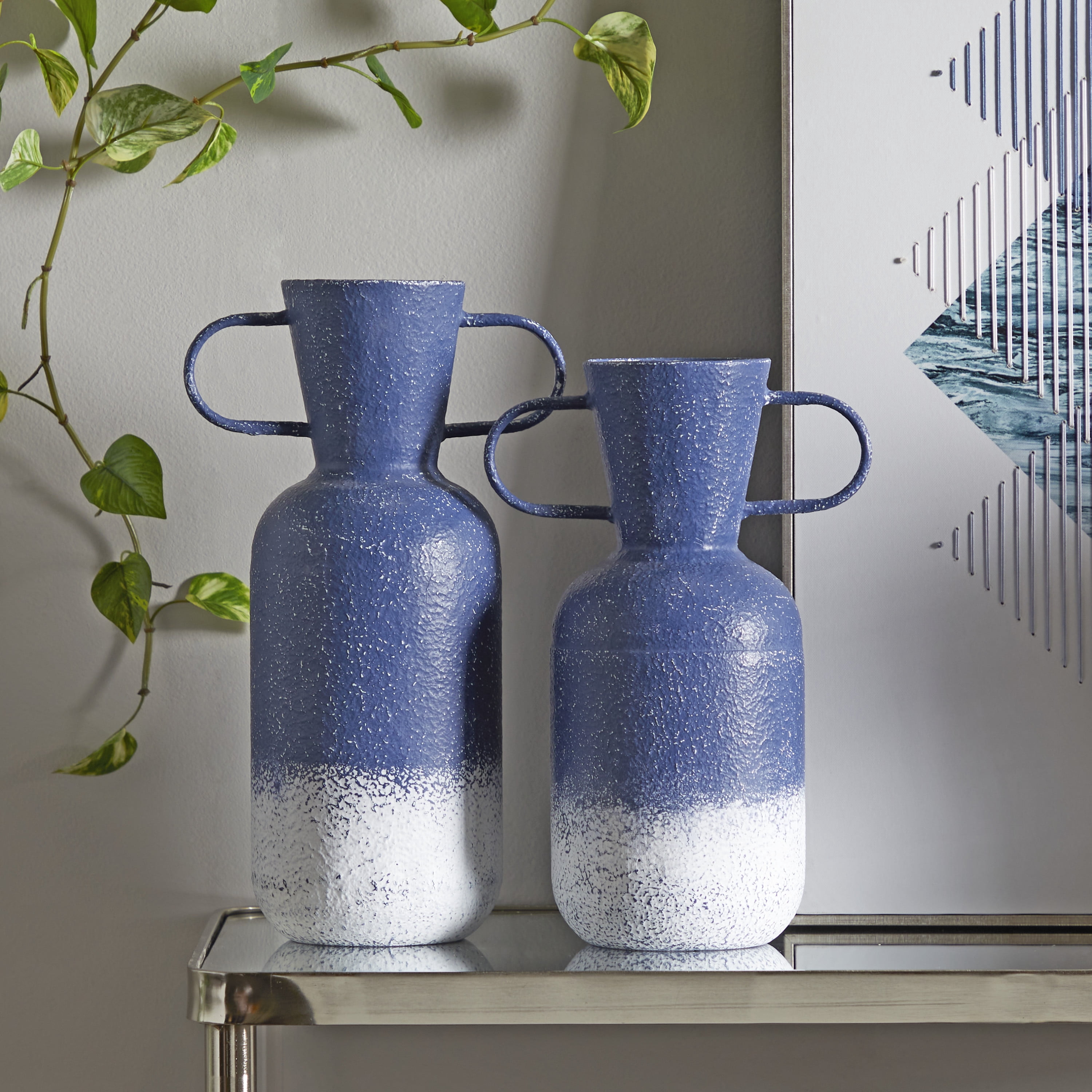 DecMode 17", 15"H Blue Metal Vase with Handles, Set of 2