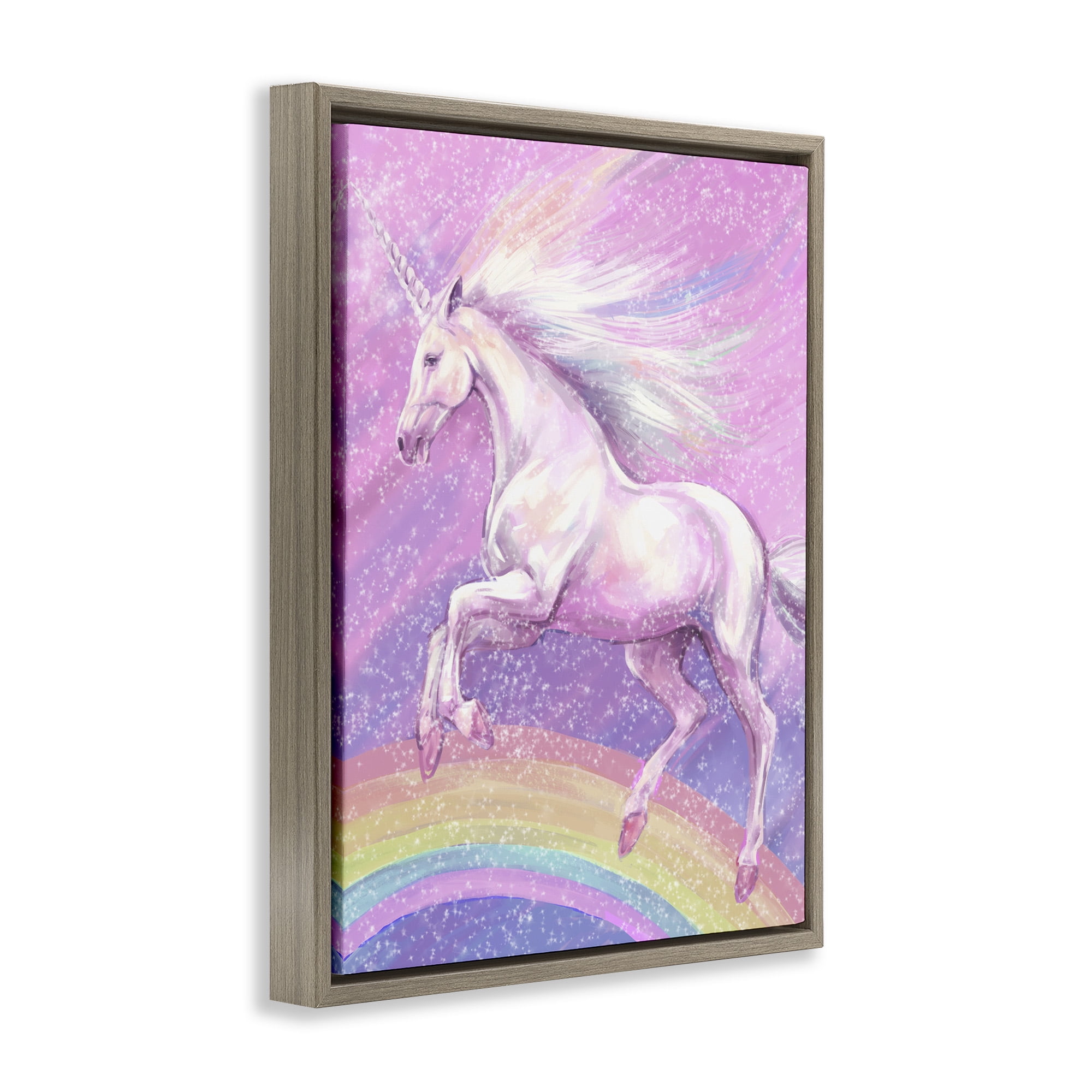 Stupell Industries Rainbow Unicorn Scene Fairy Tales & Fantasy Painting Brown Floater Framed Canvas Art Print Wall Art, 17 x 21