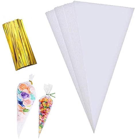 100 Pcs Clear Cellophane Cone Bags Set with 100 Pcs Gold Twist Ties Resealable Sweets Cone Bags OPP Plastic Candy Bags Triangle Treat Bags for Cookies Fruits Nuts Chocolates Popcorn Snacks-18 x 26cm