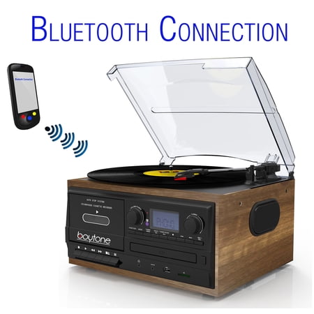 Boytone BT-32W Bluetooth Record Player Turntable AM/FM Radio Cassette CD Player 2 Built in Speaker Ability to Convert Vinyl Radio Cassette CD to MP3 Without a Computer SD Slot USB AUX