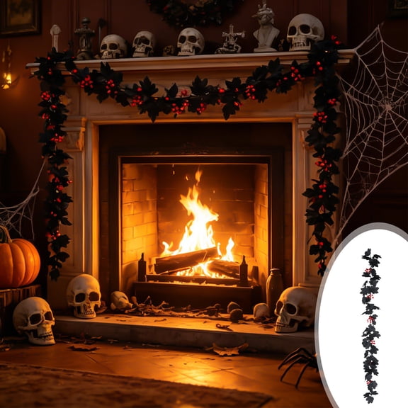 Halloween Rattan Ornament Artificial Black Maple Leaf Pumpkin and Berry Decor, Seasonal Display Accessory for Window Showcase and Indoor Fireplace Holiday Scene Styling