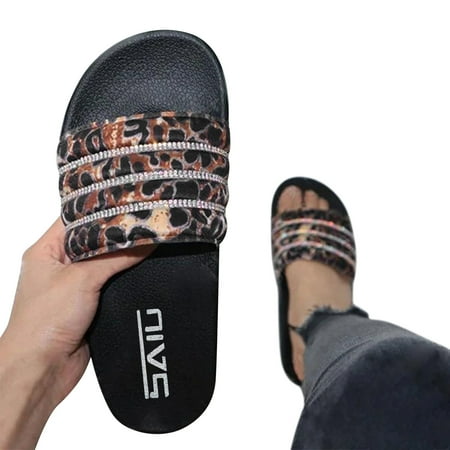 

XINSHIDE Women Slippers Female Slippers Word Leopard Print Rhinestone Female Sandals And Slippers Fashion Shoes