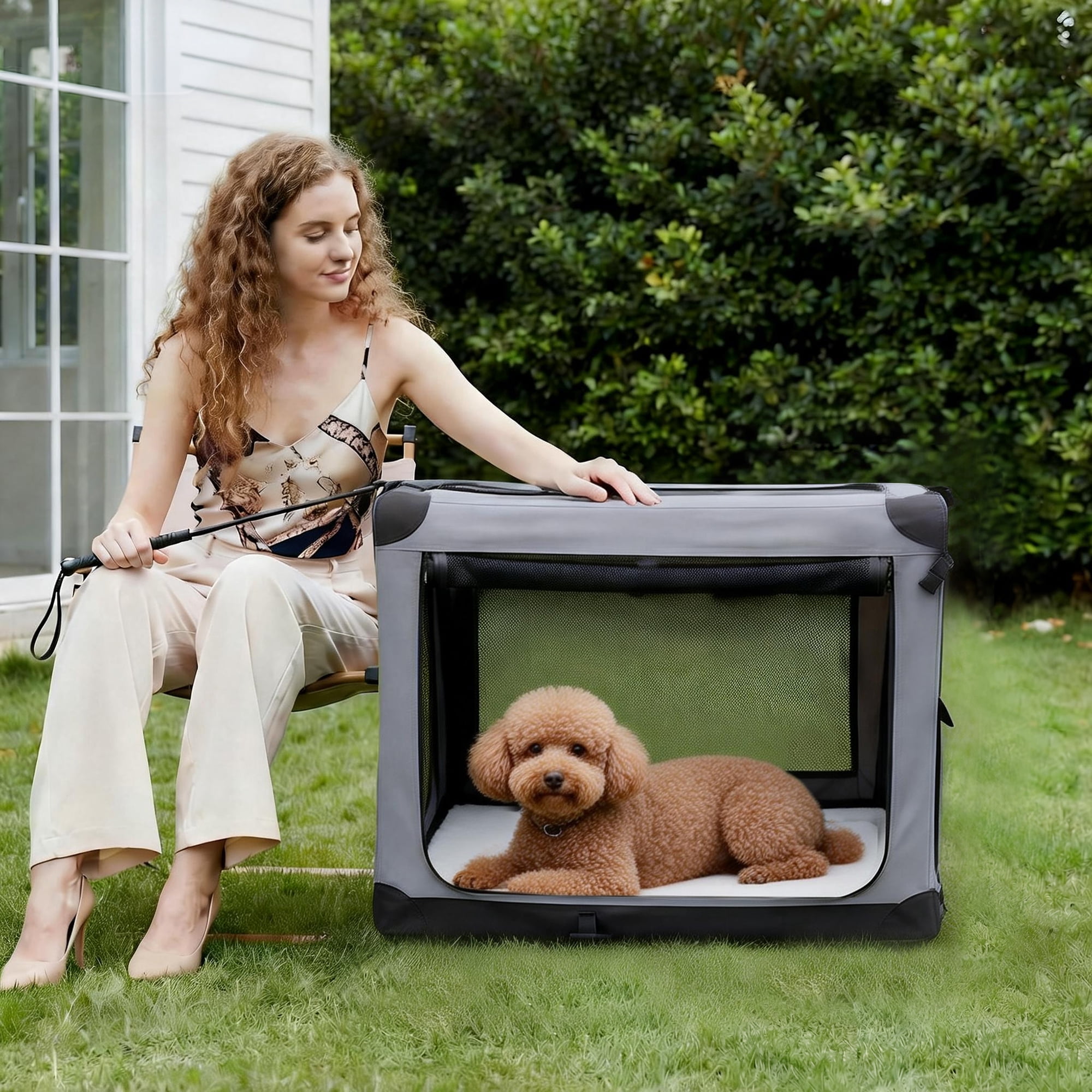 Sweetcrispy Portable Soft-Sided Dog Crate, Folding Travel Kennel with 3 Doors & Storage Pocket, Lightweight Oxford Fabric, Gray, 30 lb Limit