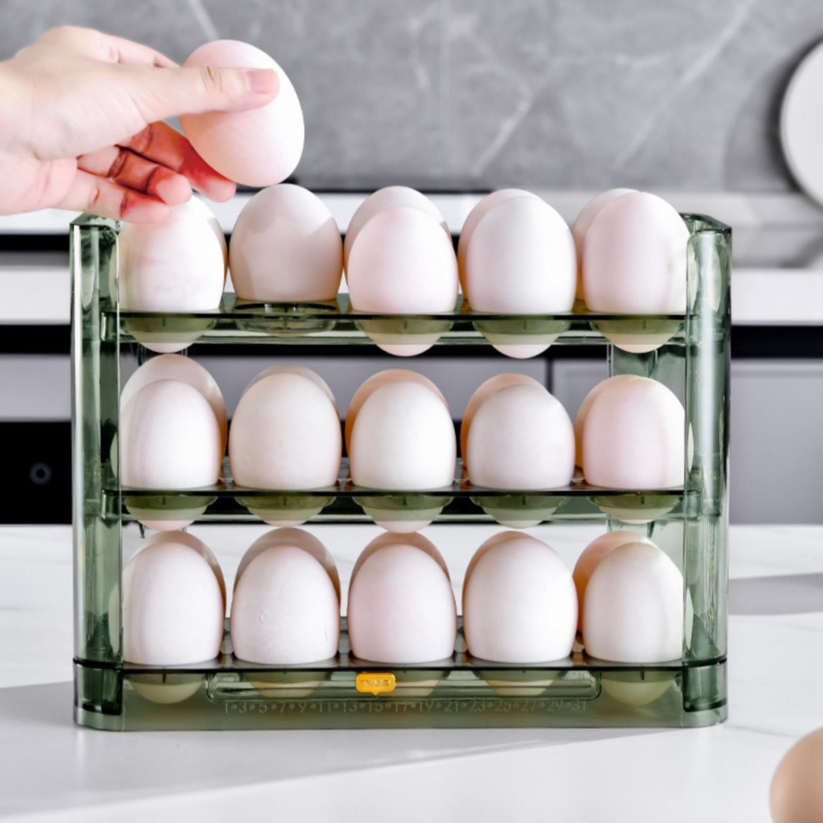XKHAZA Flippable Egg Holder for Refrigerator, 3 Layer Egg Storage Container for Refrigerator Side Door Auto Flip Tray Egg Storage Container, Saving Eggs Dispenser for Countertop