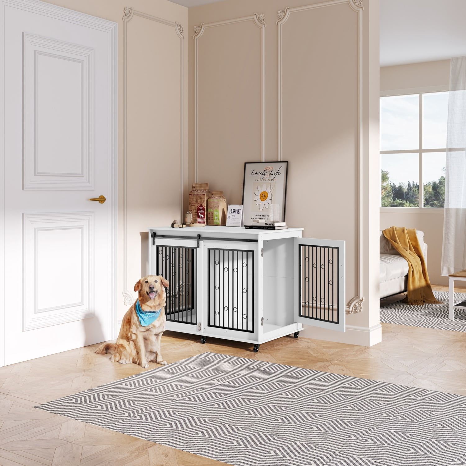 Mulinsonfly 47" Wooden Dog Crate Furniture with Sliding Barn Door, Flip-Top Lid, Lockable Wheels & Removable Divider, Indoor Dog Kennel Table for Small, Medium, Large Breeds