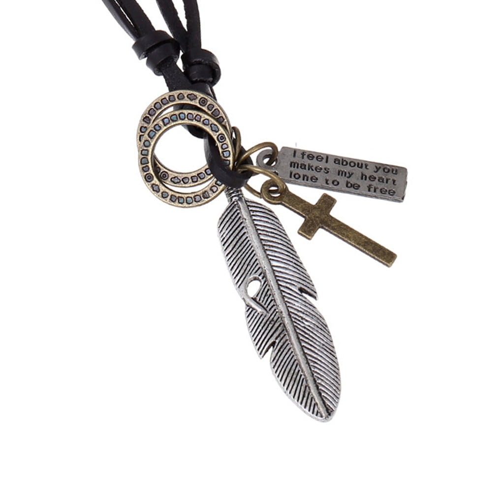 Collier Plume en Alliage Rétro Femmes Lettres Collier Cercle Cuir