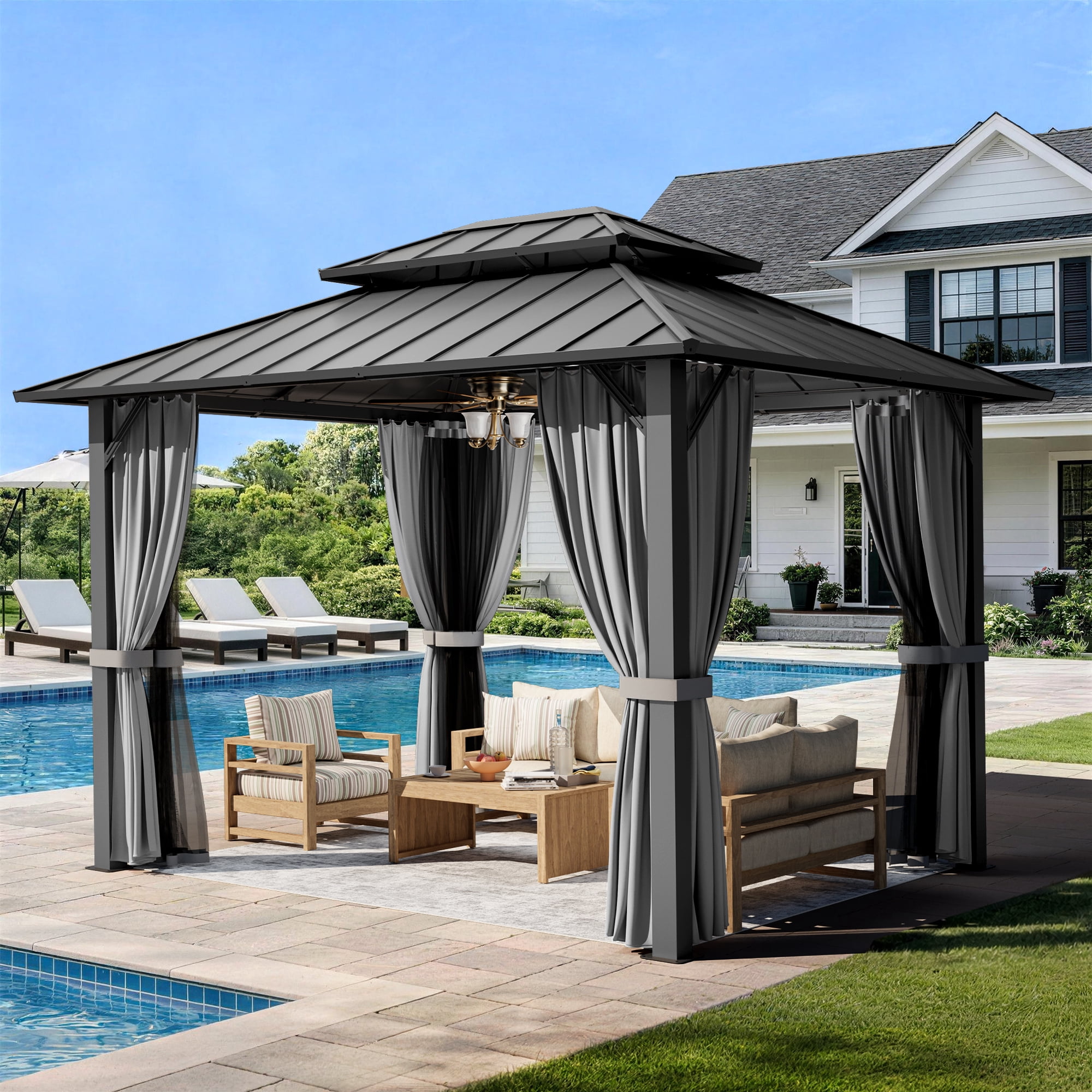 Pamapic 10x12 FT Hardtop Gazebo, Galvanized Steel Double Roof Outdoor Pavilion with Breathable Netting and Privacy Curtain, Black for Patio, Backyard, Deck, Lawn