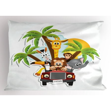 African Pillowcase - Baby Pillow Sham Zebra Toucan Lion and Elephant African Forest Animals Driving Safari Theme Fantastic, Decorative Standard Size Printed Pillowcase, 26 X 20 Inches, Multicolor, by Ambesonne