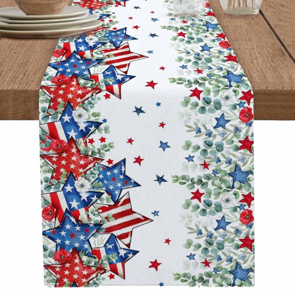 nqOlkjepod Independence Day Table Runner 60 Inches Long Farmhouse Dress Scarves, Eucalyptus Leaves Blue Red Pentagram Dining Tablerunner for Coffee Table/Kitchen Island/Party Décor, 13" x 60"