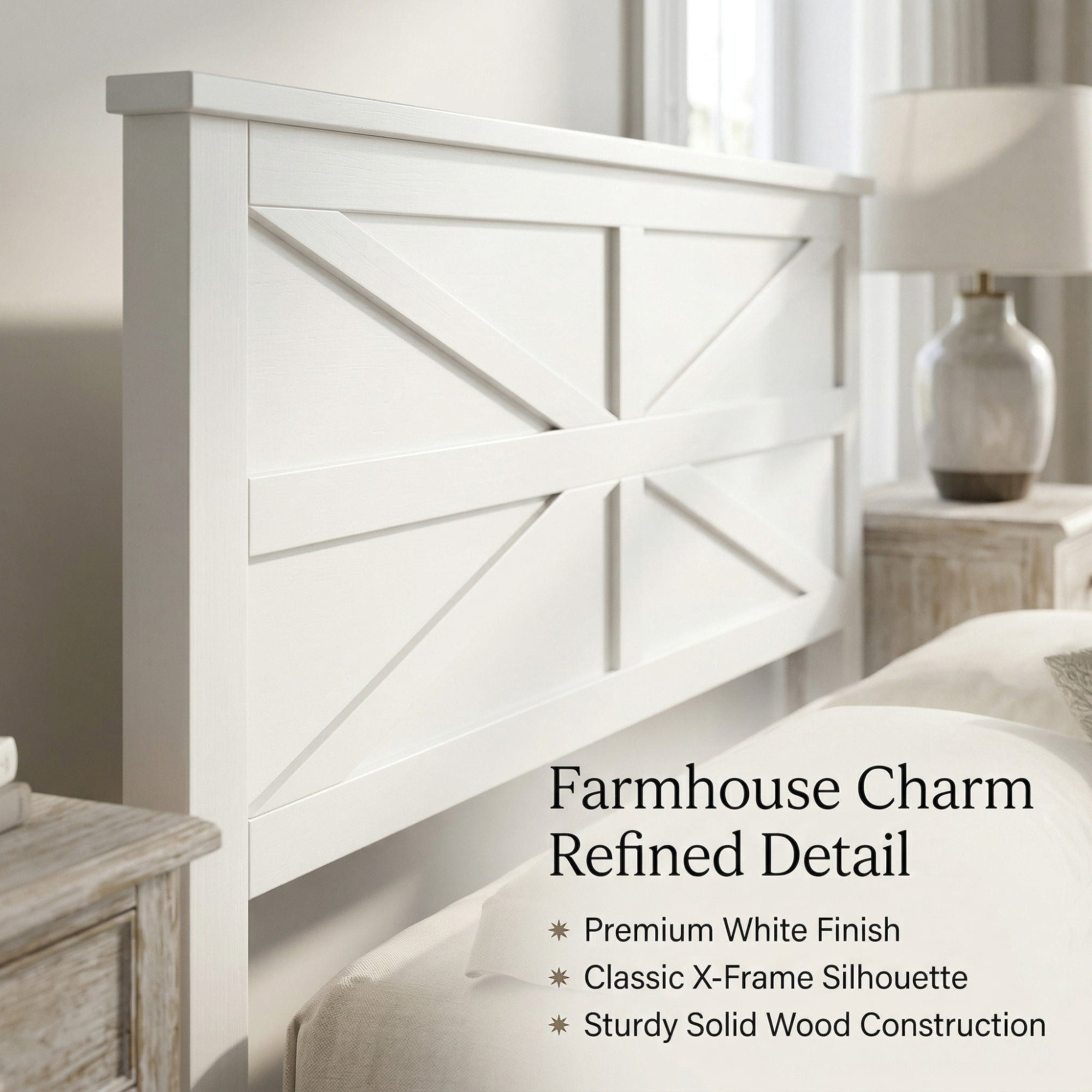 Leumius Farmhouse Style Queen Size Bed with Barn Door Designed Headboard and Footboard, Pinewood Bed with Strengthened Bed Frame for Teens Adults White