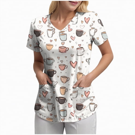 mgoYE Pink Print Scrub Tops Women Scrub Tops for Women Stretchy V-neck Short Sleeve Cute Floral Animal Printed Holiday 2 Pockes Working Uniforms(White,2XL)