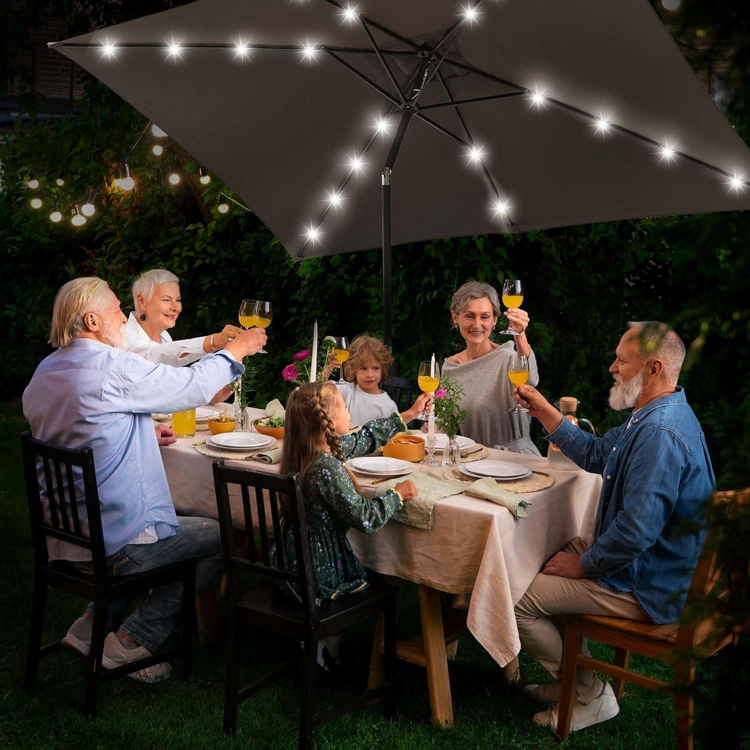 10x6.5 ft Outdoor Rectangle Solar Powered LED Patio Umbrella with Crank Tilt for Garden Backyard Table Market Pool, Brown