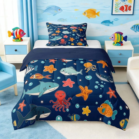 Manfei Cartoon Fish Twin Comforter Sets for Kids Boys and Girls, Marine Life Print Bedding Set, Navy Reversible 2pcs, 1 Comforter and 1 Pillowcase
