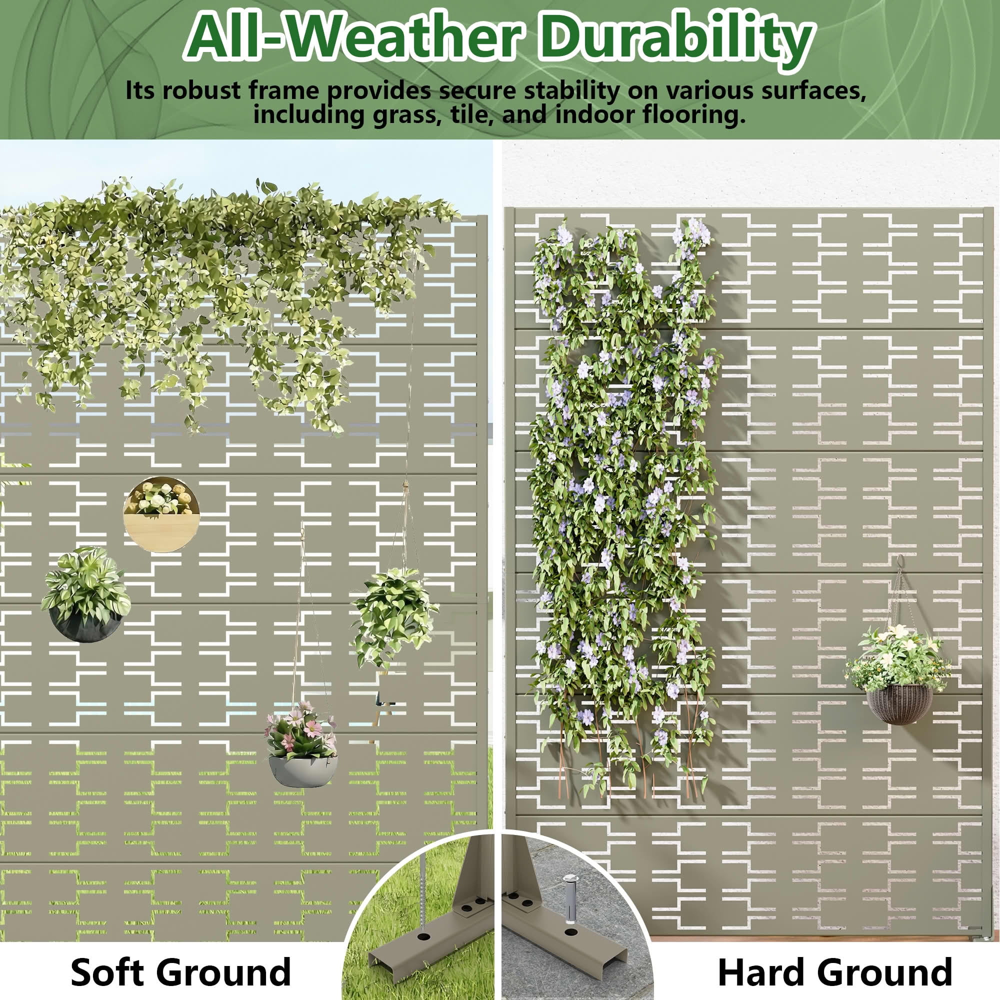 MAYEERTY Outdoor Metal Privacy Screen 6ft × 4ft Olive Gray, 6-Panel Brick Pattern Decorative Screen for Garden