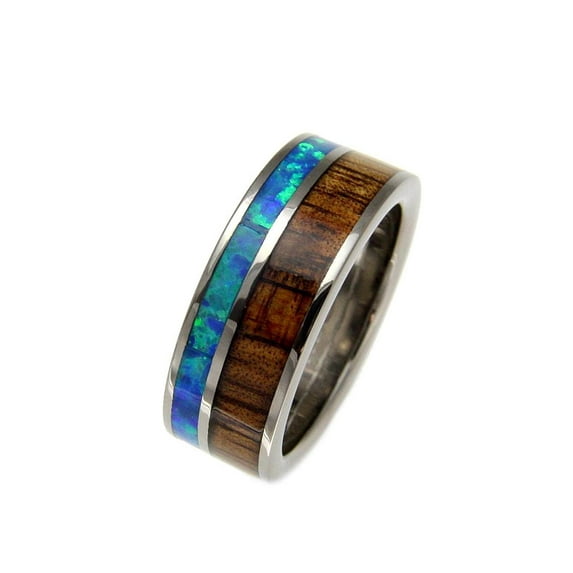 Genuine inlay Hawaiian koa wood synthetic opal wedding band ring titanium 8mm size 10.5