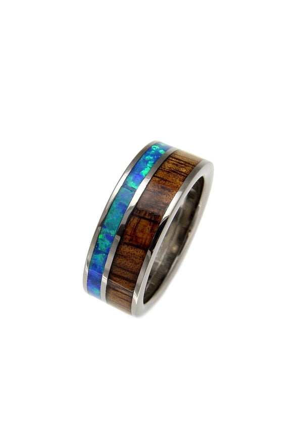 Genuine inlay Hawaiian koa wood synthetic opal wedding band ring titanium 8mm size 13.5