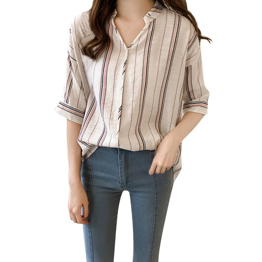Womens Star Shape V Neck Shirts Long Sleeve Linen T-Shirt Casual Blouse Tops 